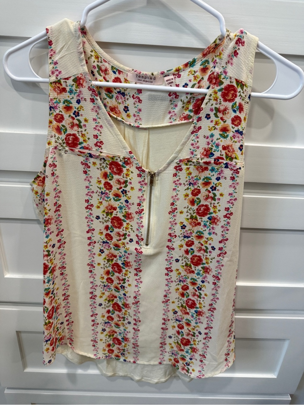 Tempted Cream Floral Zip Front Tank with Multicolor Roses